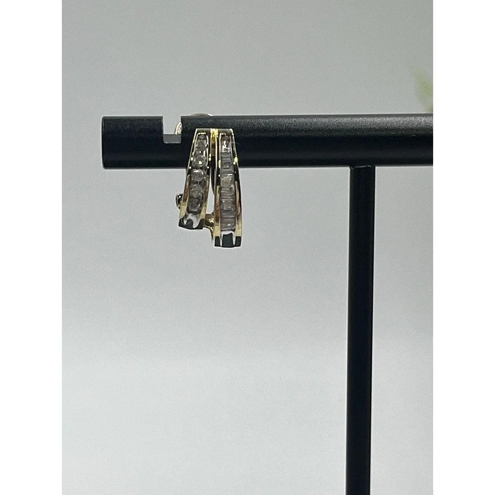 10K‎ Yellow Gold 30 Diamonds Round  Baguette Channel Huggie Hoop Omega Earrings